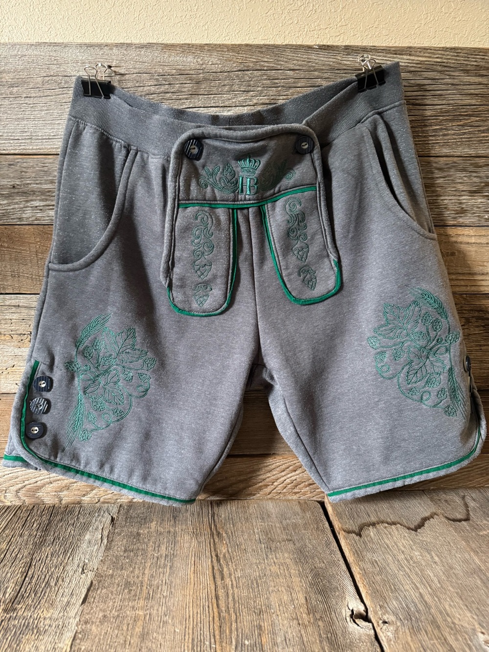 Hofbräuhaus München sweatshorts with traditional faux-lederhosen drop flap.
